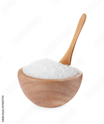Wooden bowl and spoon with natural sea salt isolated on white