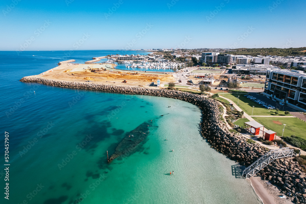 Aerial view of Port Coogee Marina development and the Omeo Shipwreck