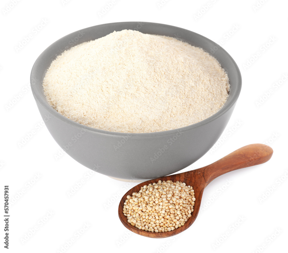 Quinoa flour in ceramic bowl and wooden spoon with seeds on white background Quinoa flour in ceramic bowl and wooden spoon with seeds on white background