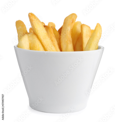 Bowl with tasty French fries on white background