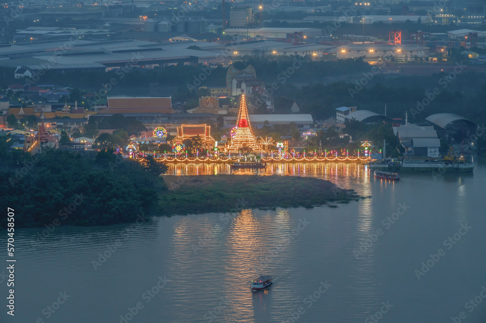 Beautiful Light in Famous Temple Festival at Phra Samut Chedi Temple, Samut Prakan, Thailand.