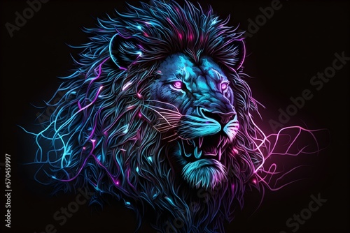 Illustration of a neon style lion head. Generative AI.