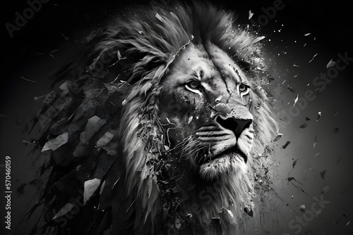 Realistic, high quality illustration of a disintegrating lion, in black and white tones