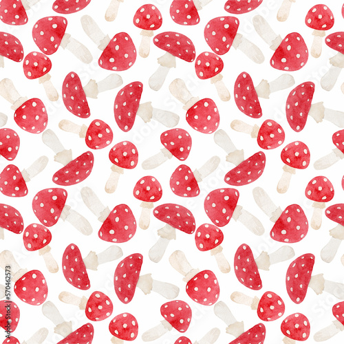 Beautiful seamless pattern with watercolor hand drawn fly agaric mushroom. Stock illustration.