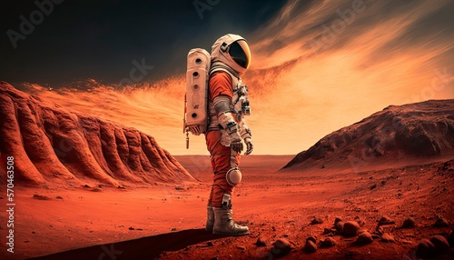 Canvas-taulu An astronaut arriving on Mars, standing outside of a spacecraft, looking out at