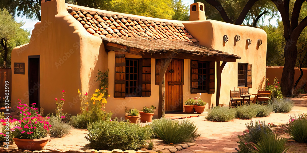 Southwestern style adobe house built with adobe clay and a mix of
