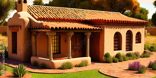 Southwestern style adobe house built with adobe clay and a mix of hispanic and native american architectural design