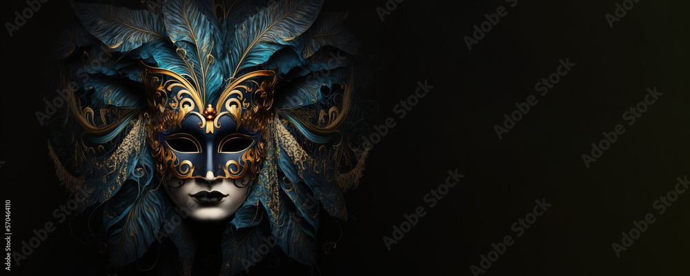 Copy space for a carnival mask with beads and feathers on a black background. Generative AI