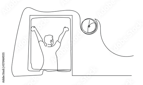 Single continuous line drawing back view relaxed man stretching arms in window after good night sleep. Good morning concept. Young male standing at window. One line graphic design vector illustration