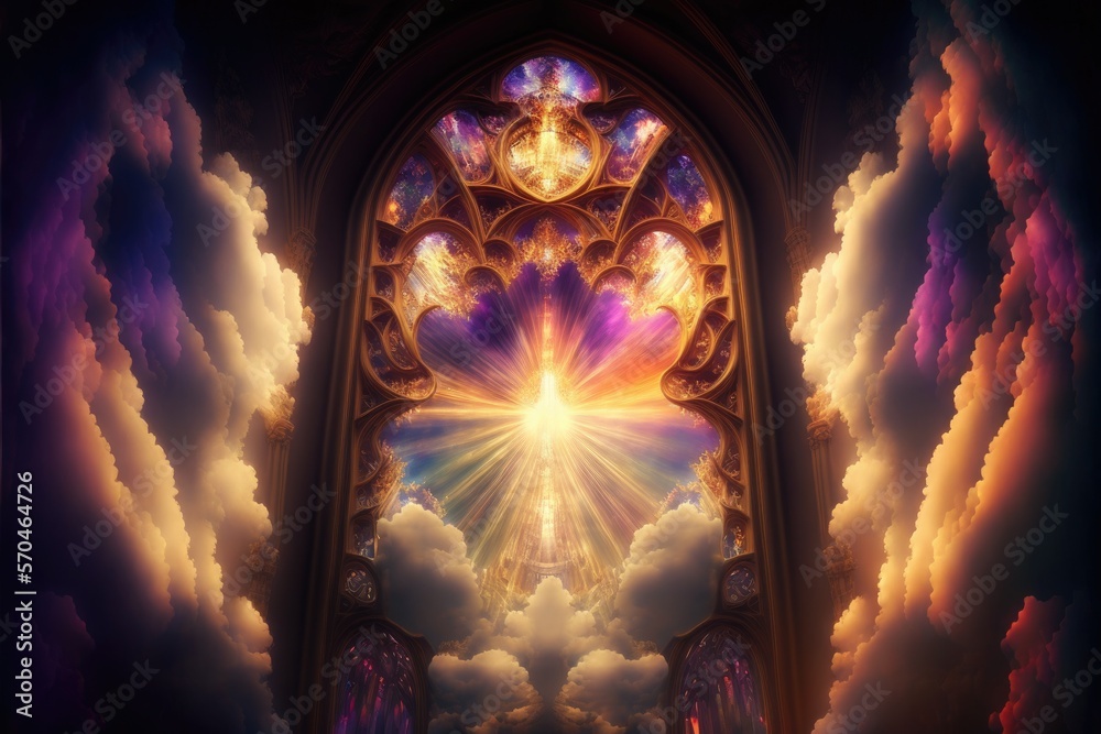 Stained Glass Window and Cloud Heavenly Abstraction, Ai Generated Image