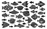 Fish abstract tropical ornamental stamp set. Linear doodle modern trendy exotic aquarium animal printing, cartoon nautical print seal. Simple ornament freshwater, sea fishes monochrome vector element