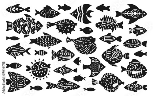 Fish abstract tropical ornamental stamp set. Linear doodle modern trendy exotic aquarium animal printing, cartoon nautical print seal. Simple ornament freshwater, sea fishes monochrome vector element