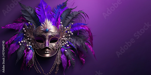 Copy space for a carnival mask with beads and feathers on a purple background. Generative AI