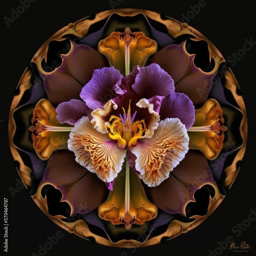 Violet Flower Mandala, Ai Generated Image of a Mandala made of Purple Iris, Orchid and Peony Flowers