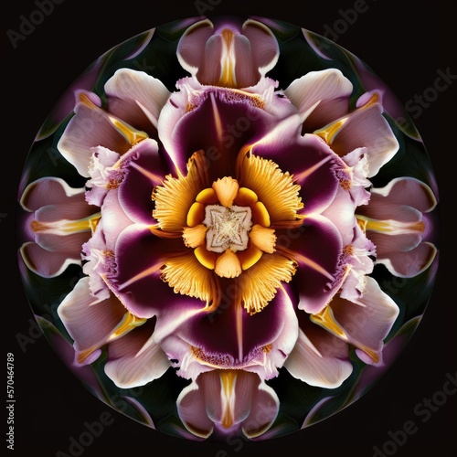 Violet Flower Mandala, Ai Generated Image of a Mandala made of Purple Iris, Orchid and Peony Flowers
