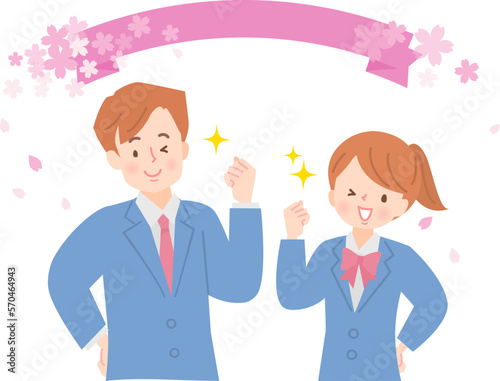 ガッツポーズする男女の学生と桜の背景