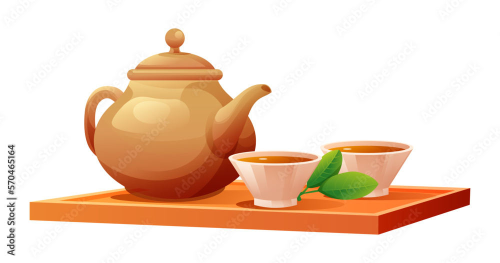 Tea cups and teapot on wooden tray vector illustration