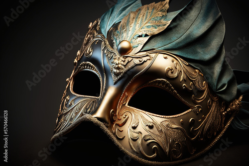 close-up of a luxury carnival mask on a black background. Generative AI © Hayatun