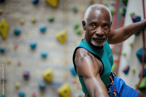 Mature Older African American Man Conquers the Wall at an Indoor Rock Climbing Gym Generative AI Photo