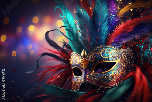 Carnival mask beaded and feathered mask with a blurred Confetti background. Generative AI