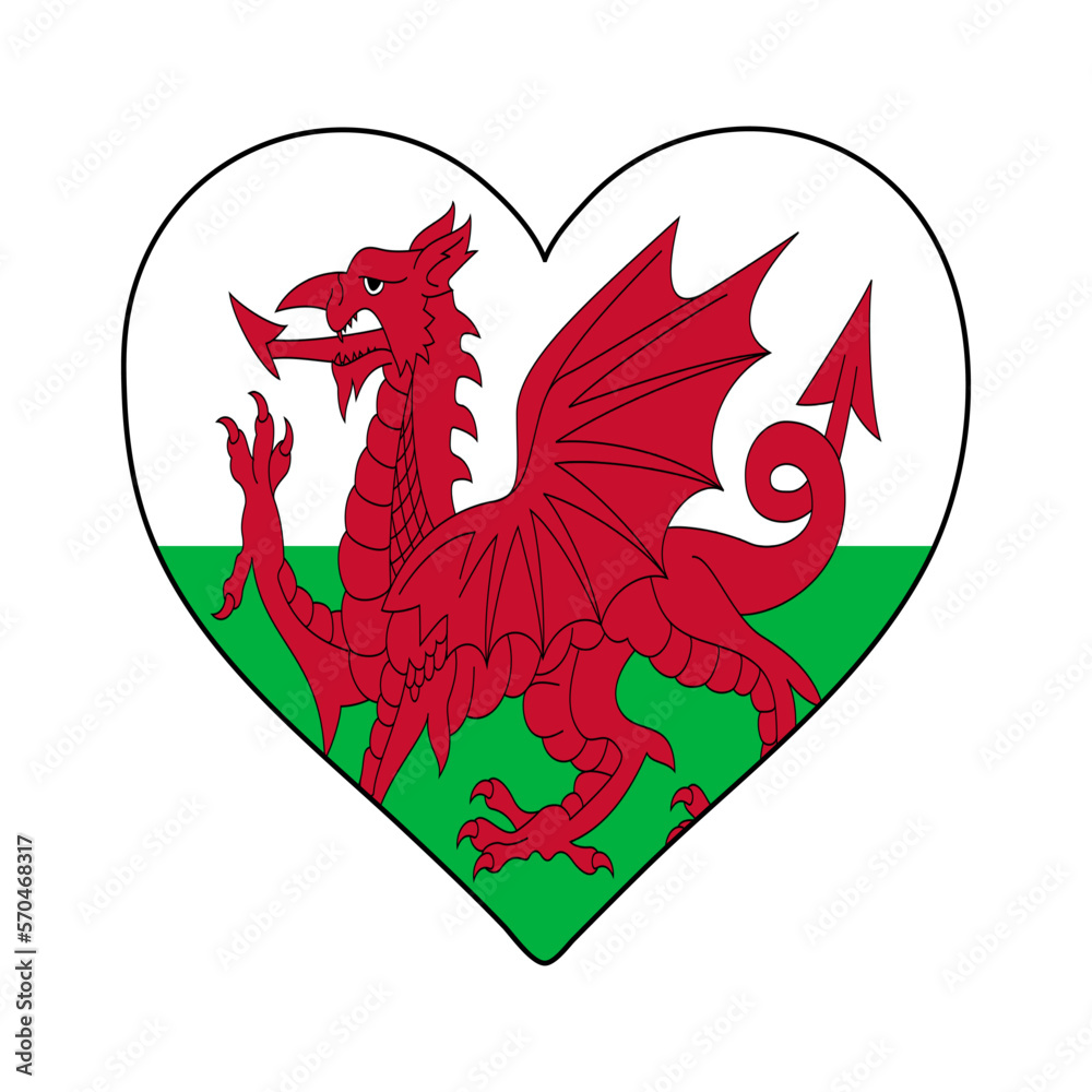 Wales Heart Shape Flag. Love Wales. Visit Wales. Northern Europe. Europe. European Union. Vector Illustration Graphic Design. Wales Heart Shape Flag. Love Wales. Visit Wales. Northern Europe. Europe. European Union. Vector Illustration Graphic Design.