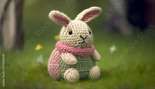Knitted rabbit wearing scarf sit on grass