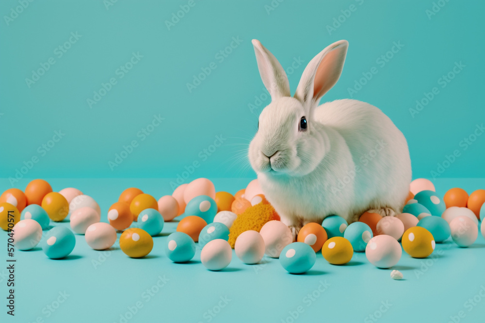 Easter bunny with colorful easter eggs, on solid color background Easter bunny with colorful easter eggs, on solid color background