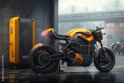 Futuristic Electric motorcycle at charging station. Generative Ai