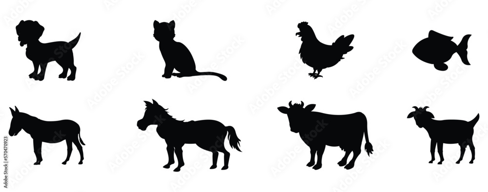 Different farm animals silhouettes set vector illustration isolated on ...
