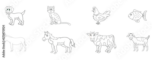 Set of pets including a cat, dog, hen and other domestic animals isolated on a white background vector illustrations.