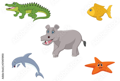 Cartoon sea animals set  cute funny alligator  fish  hippo  dolphin and starfish vector flat.