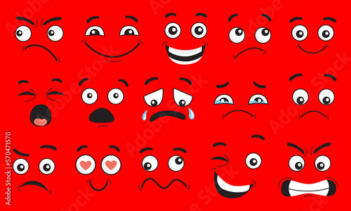 Face expression isolated vector icons, funny cartoon boring, crying and thoughtful, teeth, angry, laughing and sad. Facial feelings upset, happy and show tongue cute faces