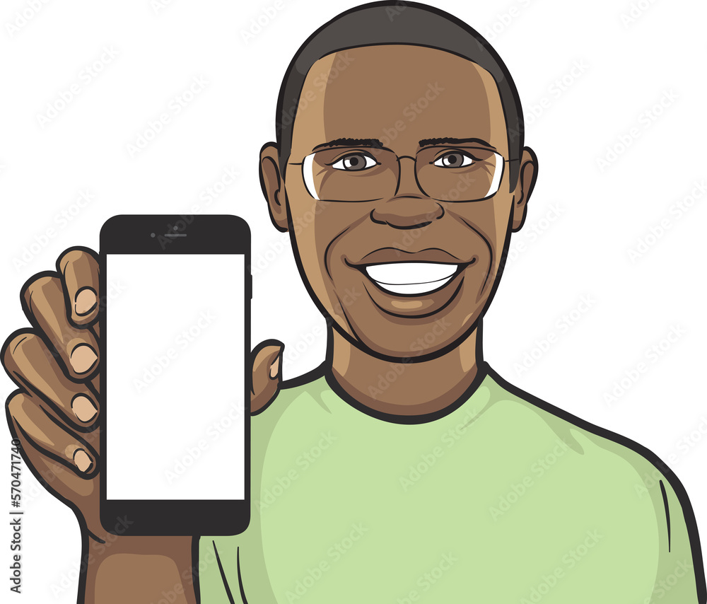 black man in glasses showing a mobile app on a smart phone - PNG image ...