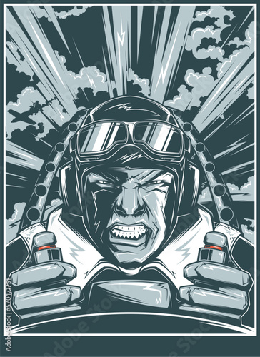 Obraz na plátne Dogfight pilot in jet with angry face poster vector