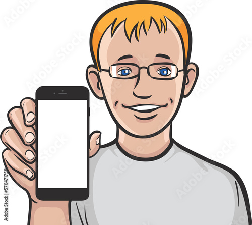 blue eyed man showing a mobile app on a smart phone - PNG image with transparent background