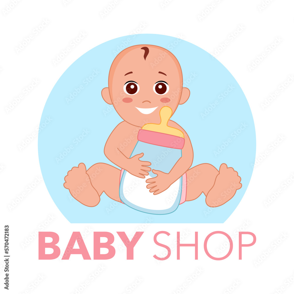 Baby shop logo concept. Cute infant baby with giant milk bottle in flat design. Baby shop logo concept. Cute infant baby with giant milk bottle in flat design.