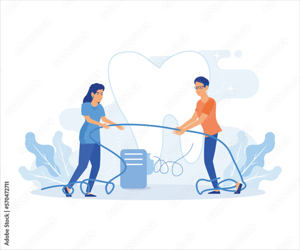 Dental care illustration.Doctor dentist and medical staff taking care about patients teeth. Professional teeth cleaning, oral hygiene and whitening concept. flat vector modern illustration