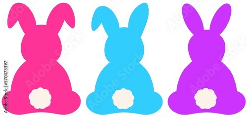 Three Easter Bunnies on White Background PNG Purple Pink and Blue