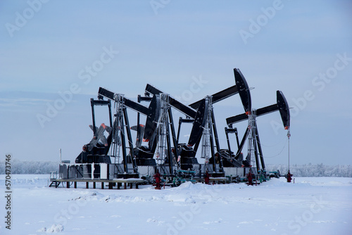 Winter in the oilfield cowered with white snow with black pumpjacks. photo