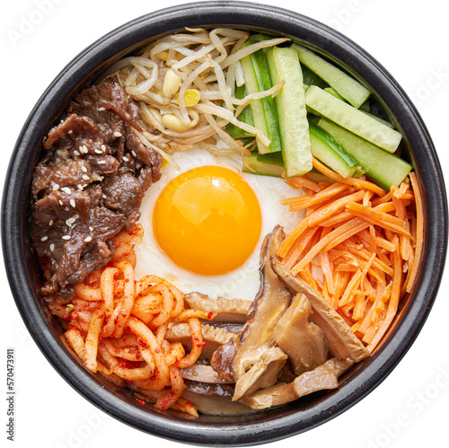 korean bibimbap bowl with galbi beef and pickled vegetables shot from top view and isolated