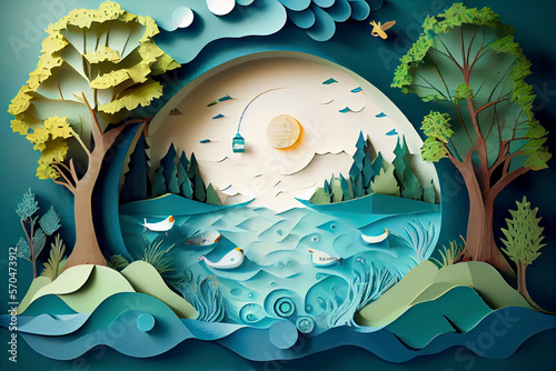 Fototapeta Naklejka Na Ścianę i Meble -  concept of eco and wolrd water day .paper art and craft style