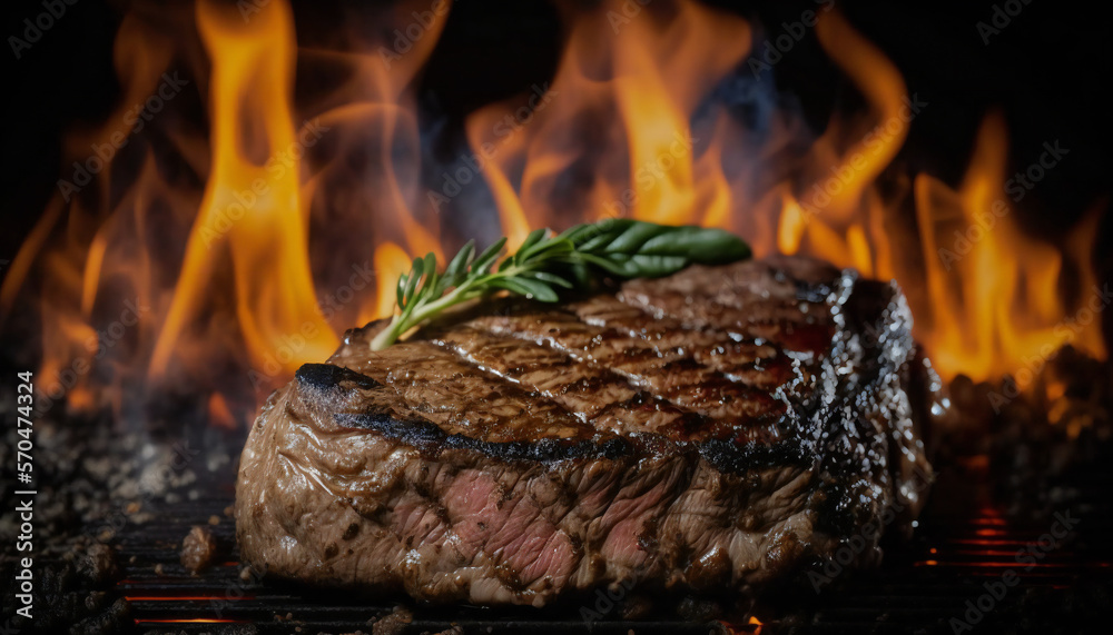 A sizzling beef steak, seasoned with spices and oil, sits on a hot