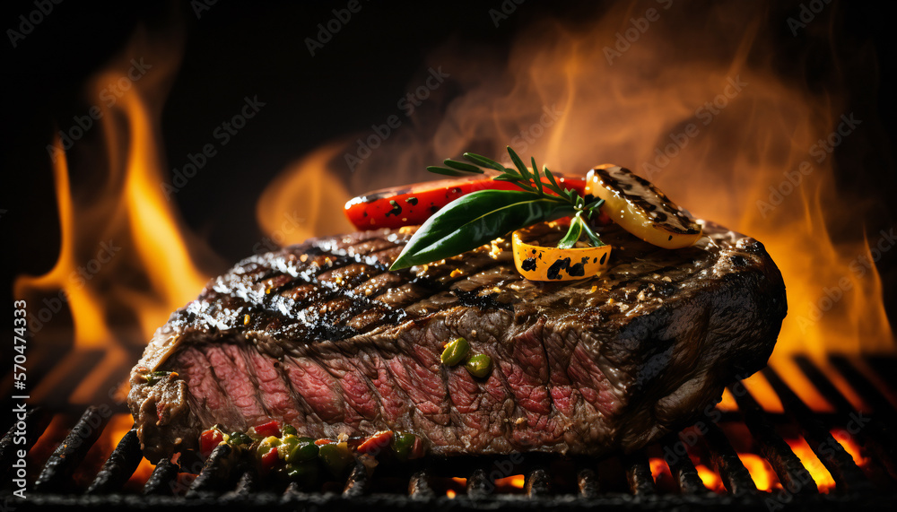 A sizzling beef steak, seasoned with spices and oil, sits on a hot