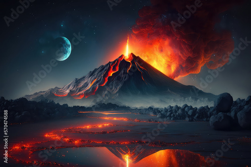 illustration painting of Night landscape with volcano and burning lava. Volcano eruption, fantasy landscape. 3D illustration. (ai generated)