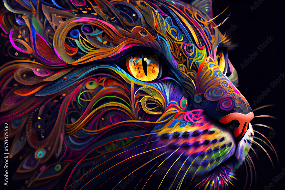 colorful cat pop art portrai, a colorful fish with black background