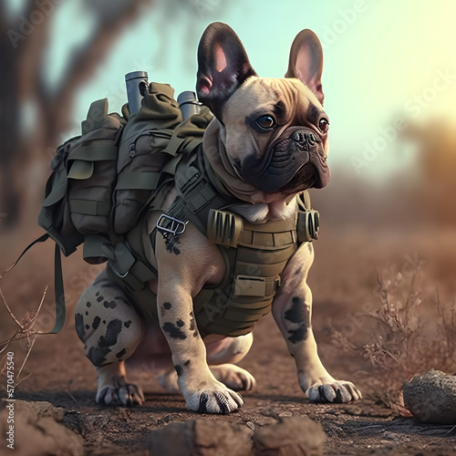 french bulldog puppy sitting with army wearables an hanging bag photo