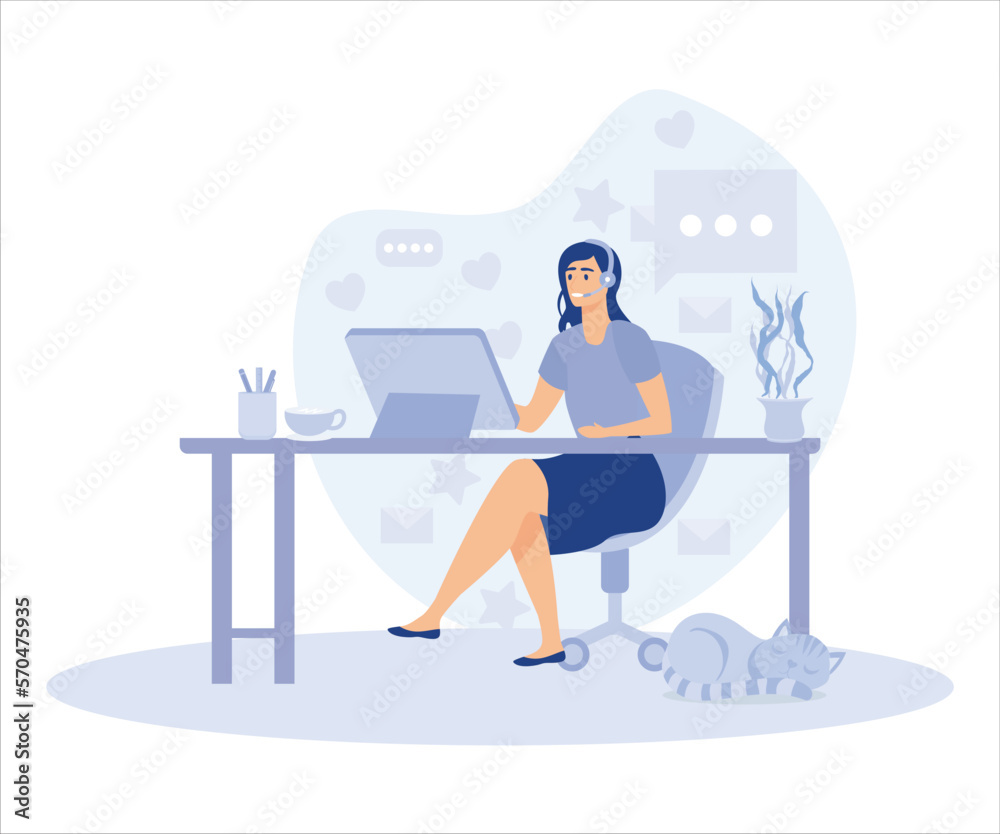 Home office concept, woman working from home, student or freelancer. flat vector modern illustration Home office concept, woman working from home, student or freelancer. flat vector modern illustration