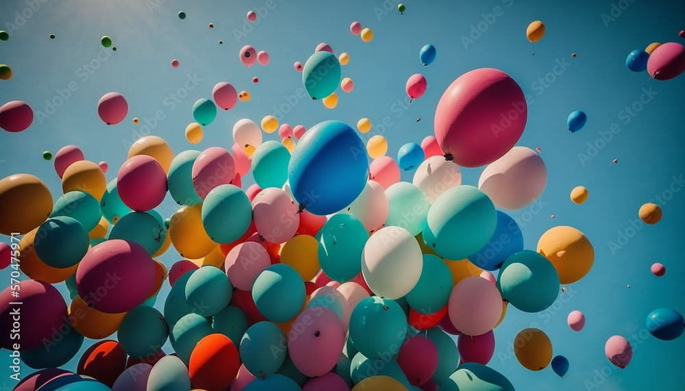 Ai generated illustration of Colorful balloons flying away in the blue sky.