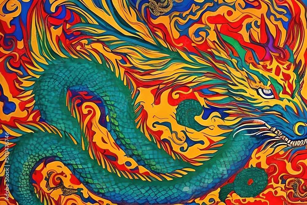 Dragon, Loong, Èæç, the head of a chinese dragon in a multi-colored flame. Abstract multicolored profile portrait of a dragon head on a colorful background, front portrait of a chinese dragon.