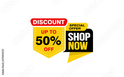 50 Percent SHOP NOW offer, clearance, promotion banner layout with sticker style. 